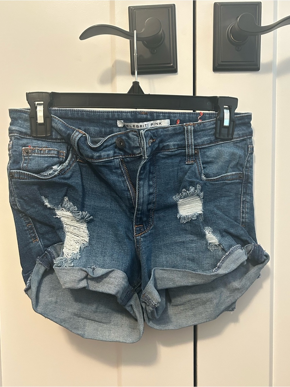 Celebrity Pink Rolled Hem Distressed Denim Shorts in Blue Wash